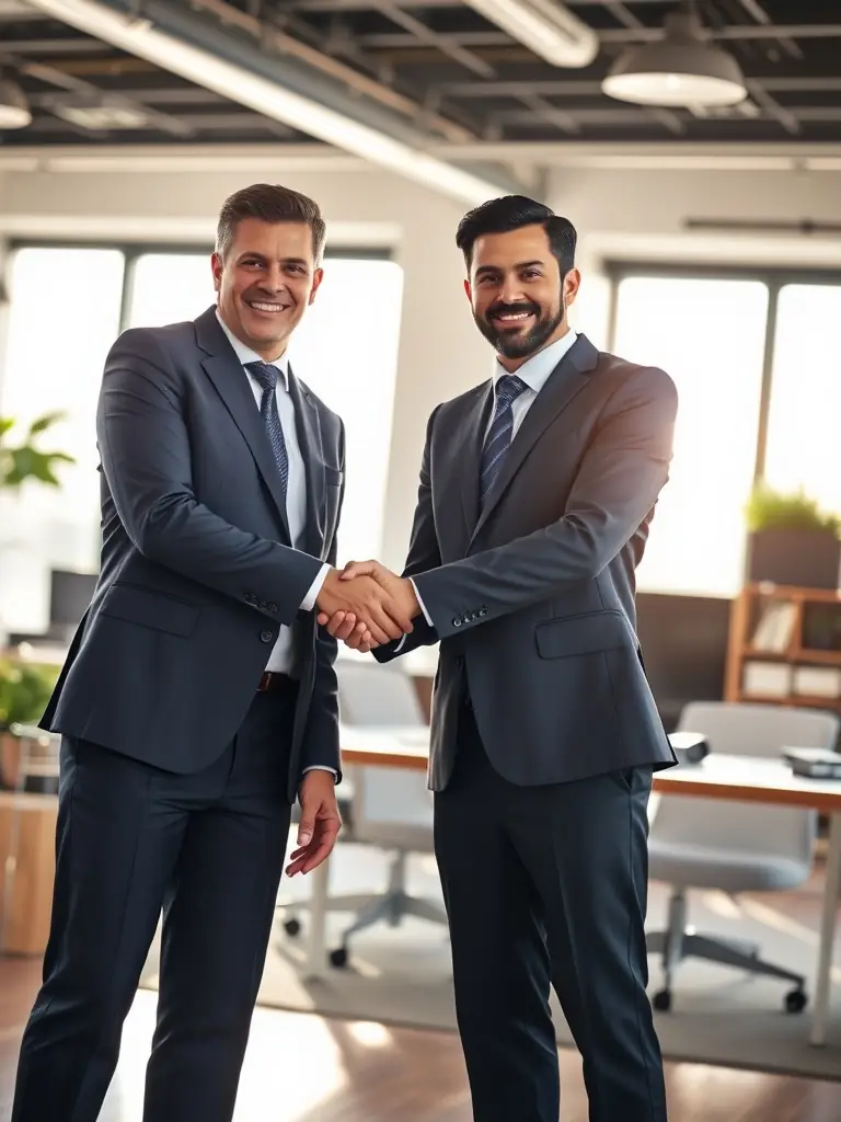 A handshake between a business owner and a potential buyer over a conference table, with a background of HVAC equipment in a warehouse.
