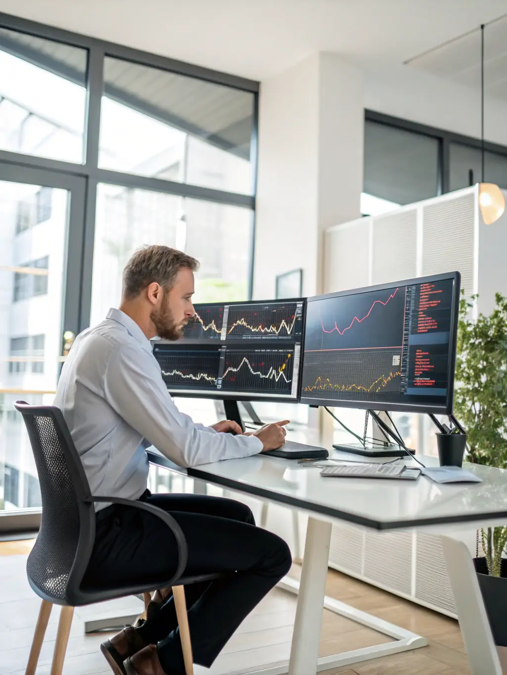 A professional financial analyst reviewing HVAC business financial statements with charts and graphs on a computer screen, in a modern office setting.