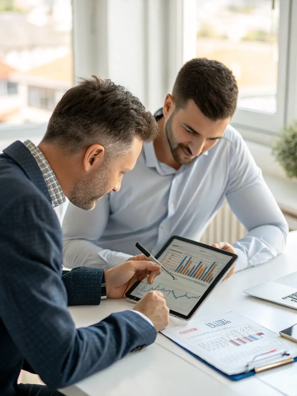 A business owner working with a consultant on a detailed exit strategy plan, with charts and documents spread out on a table in a bright, modern office.
