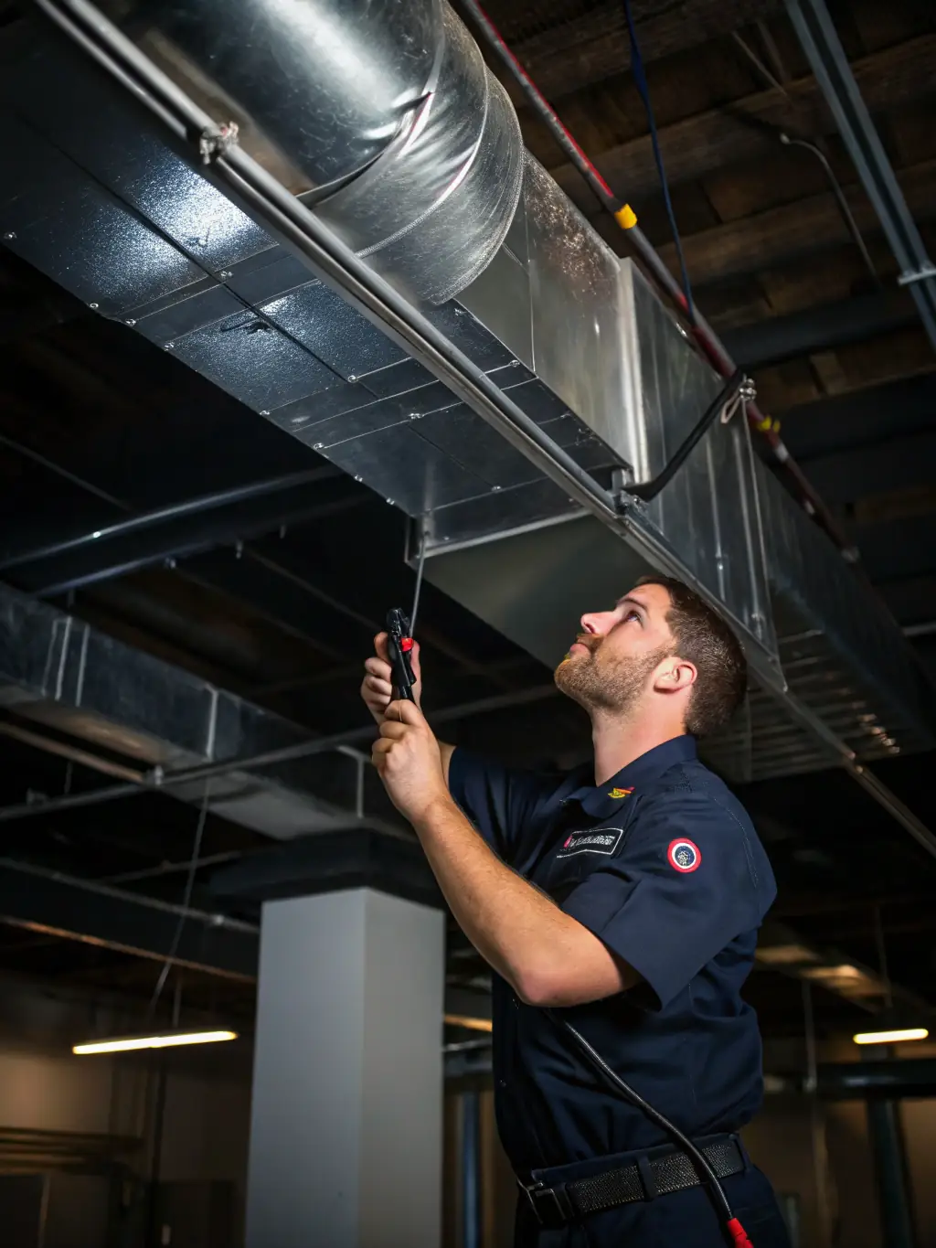 A diverse team of HVAC technicians inspecting and maintaining equipment in a commercial building, showcasing their expertise and reliability.