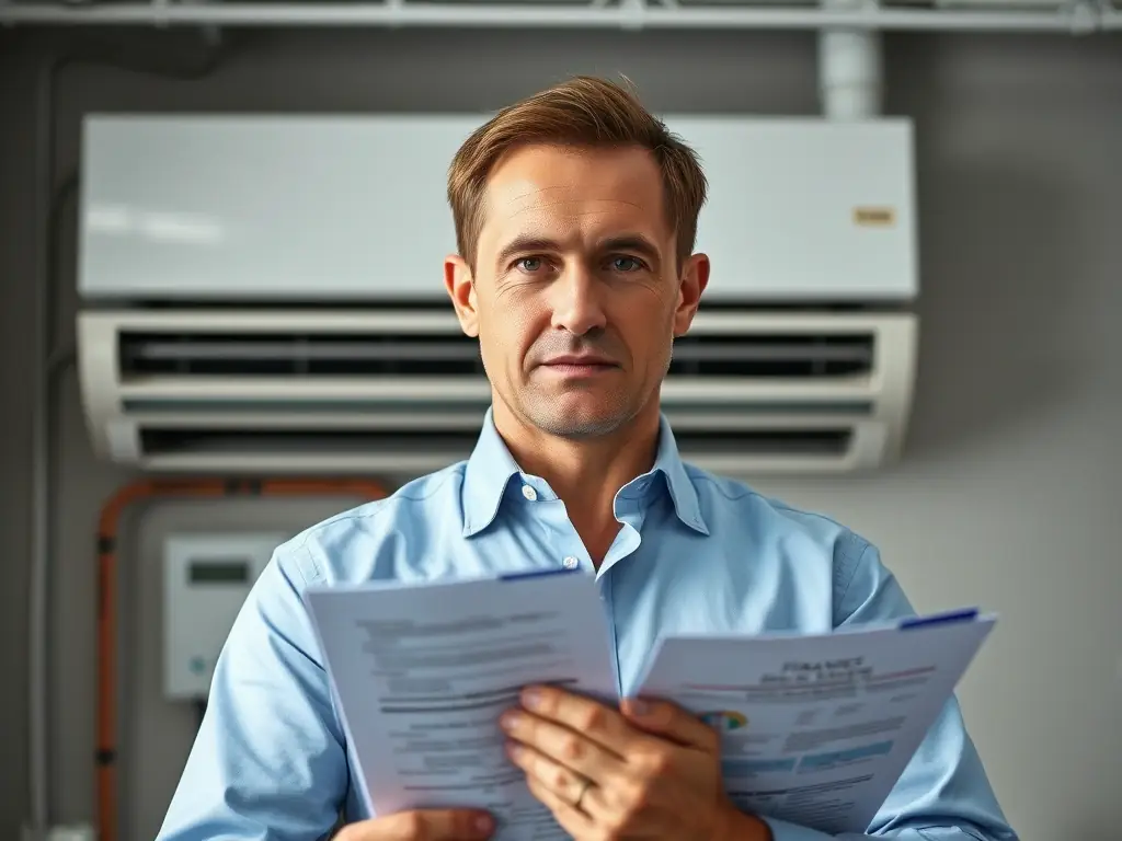 An image of a potential buyer looking skeptical while reviewing financial documents, with an HVAC unit visible in the background, suggesting the context of an HVAC business sale.
