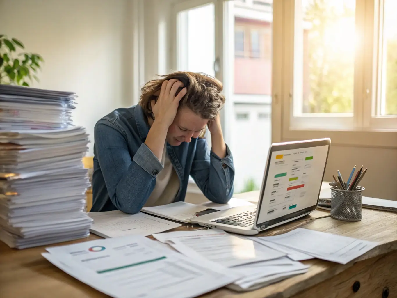 An HVAC business owner looking stressed while using an online business valuation calculator, illustrating the limitations of generic tools.