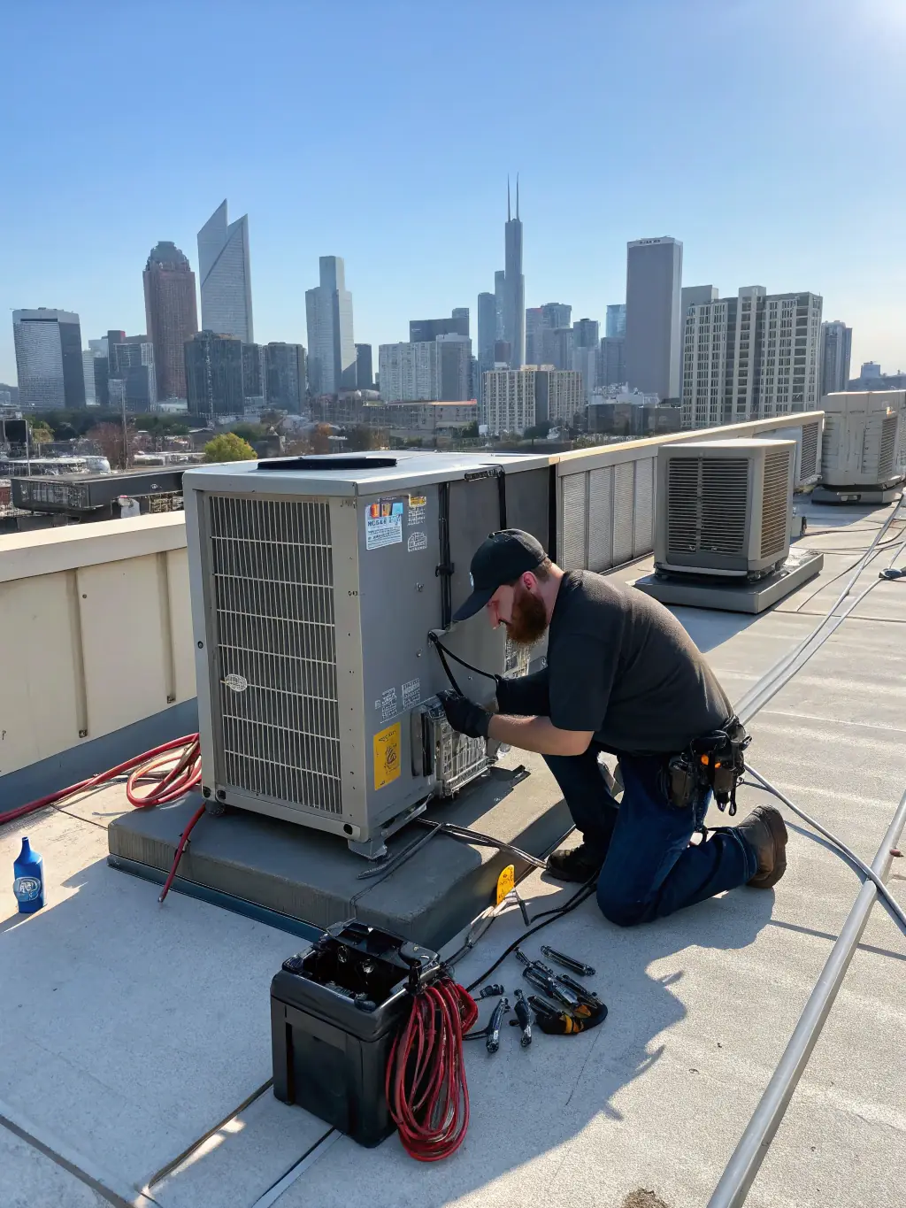 An image of HVAC technicians servicing equipment under a long-term maintenance contract, illustrating recurring revenue streams.