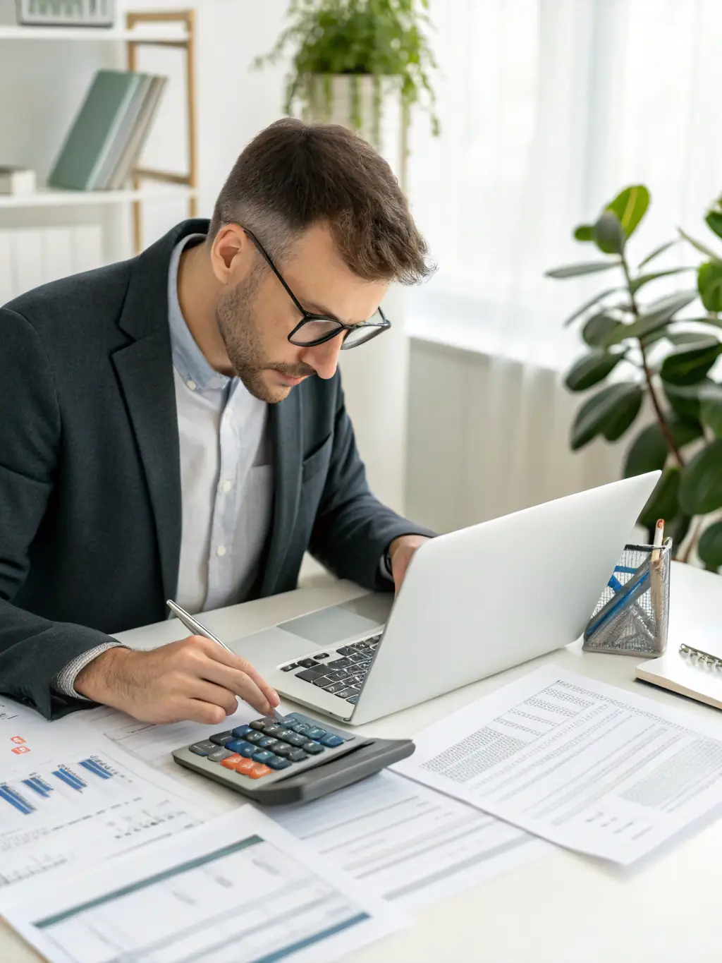 A detailed image of an accountant reviewing financial documents with a calculator and spreadsheet, representing the financial review stage of the valuation process for an HVAC business.