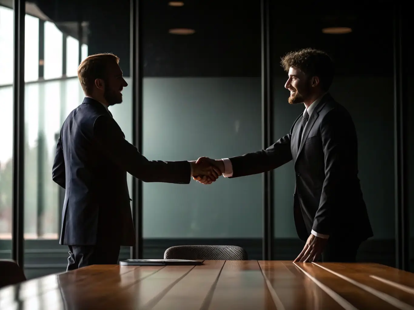 A professional businessman discreetly shaking hands with a potential buyer in a modern office setting, symbolizing confidential negotiations and vetted partnerships.
