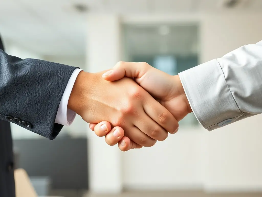 A professional photograph of a handshake between an HVAC business owner and a BlueExit representative, symbolizing a successful partnership and business sale.