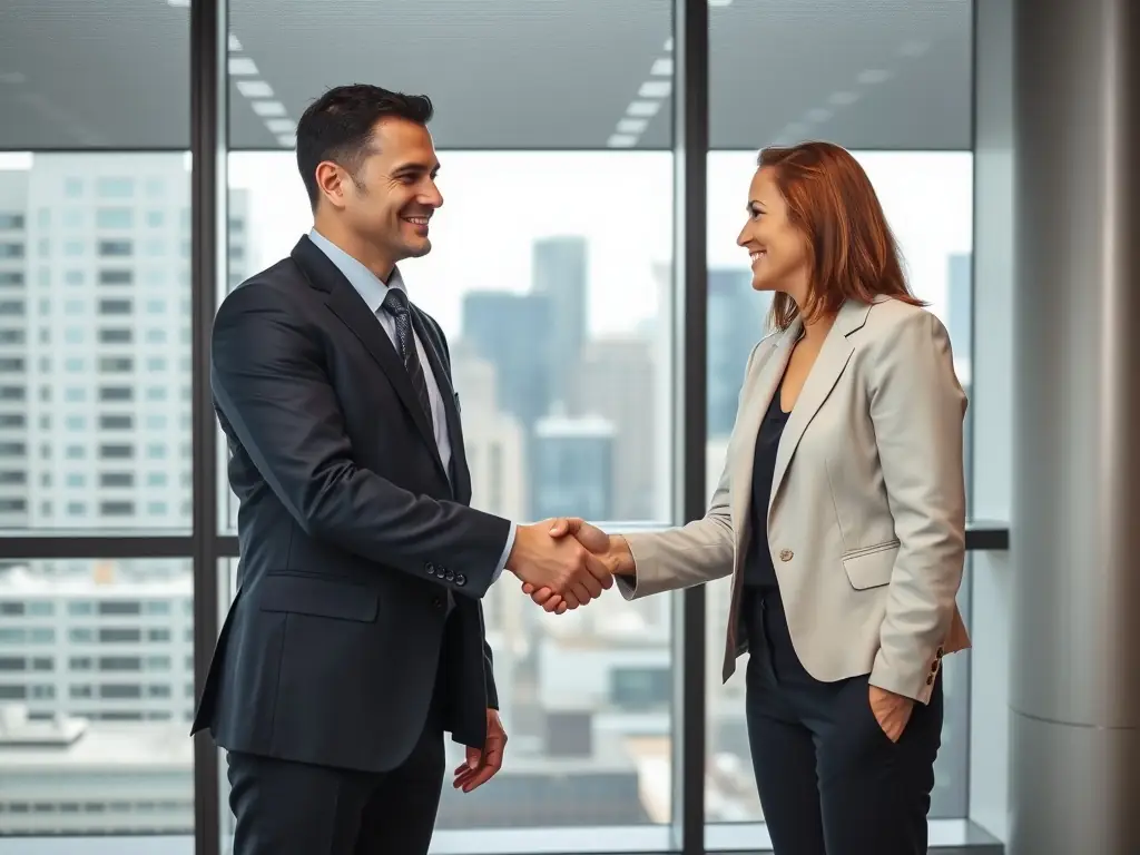 A professional businessman in a suit shaking hands with an HVAC business owner in front of a modern office building, symbolizing the initial consultation phase of selling an HVAC company with BlueExit.