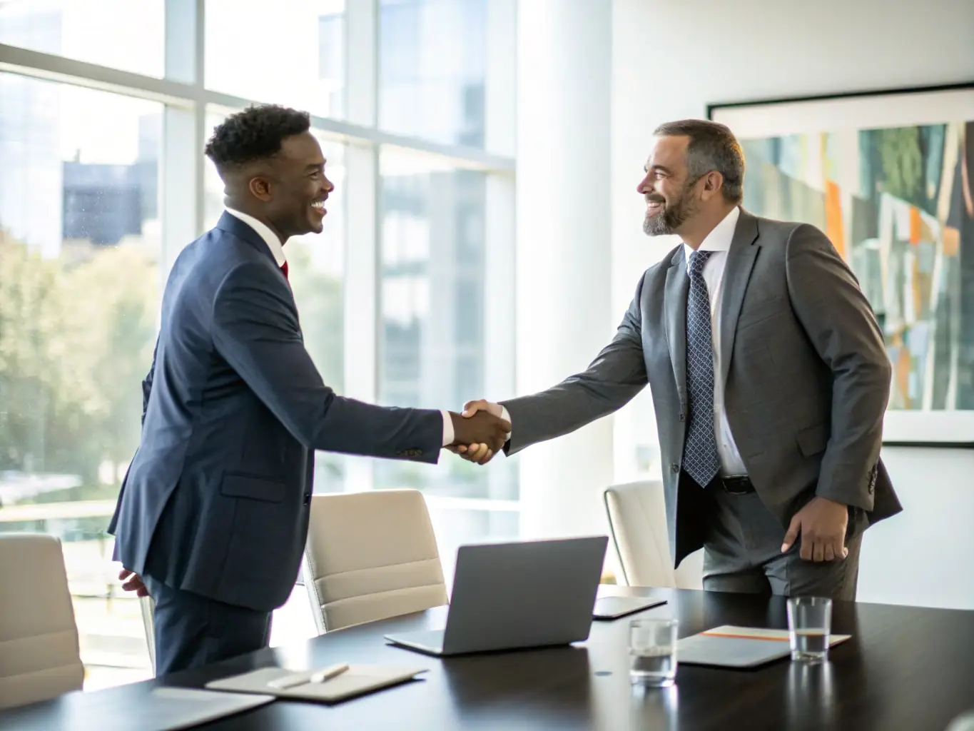 Two professionals shaking hands over a table with HVAC business documents, symbolizing a confidential introduction and agreement.