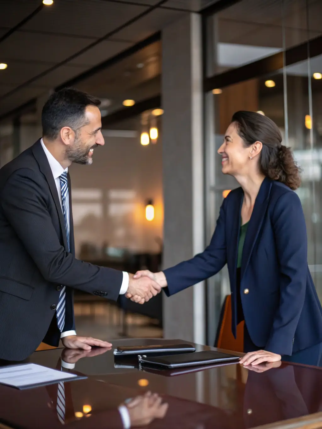 Two business professionals shaking hands in a modern office setting, symbolizing a confidential and successful business introduction.