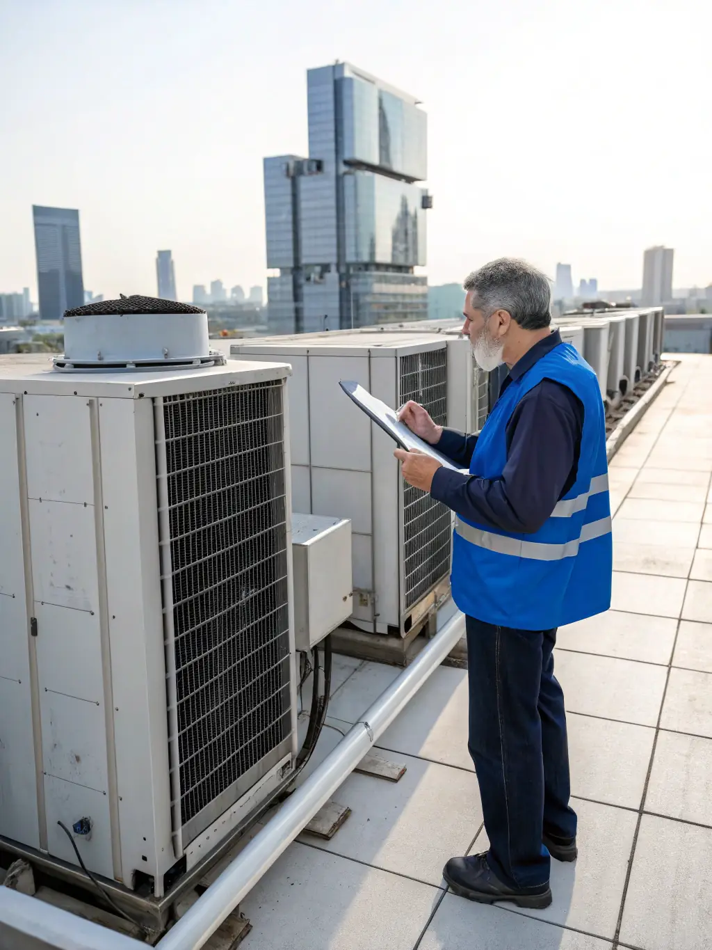 A professional appraiser in a suit, holding a clipboard and inspecting HVAC equipment in a commercial building, symbolizing a comprehensive business valuation.