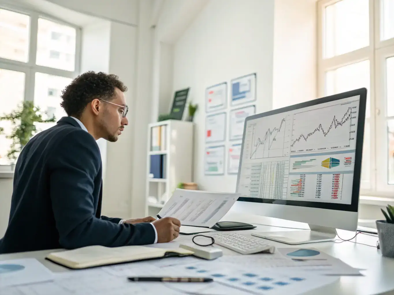 A professional photograph of a financial analyst reviewing HVAC company financials, highlighting key performance indicators and valuation metrics.