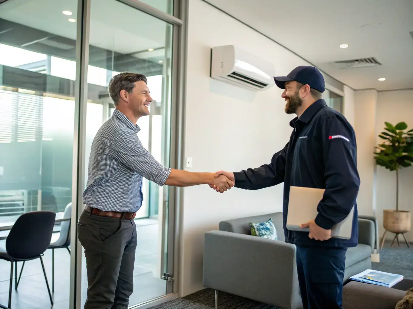 A staged photo of an HVAC business owner shaking hands with a potential buyer, symbolizing a successful business transaction.